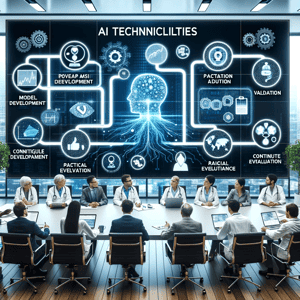 DALL·E 2023-10-19 23.52.14 - Photo of a modern conference room where a large roadmap is displayed on a digital board. The roadmap begins with AI Technicalities and progresses to