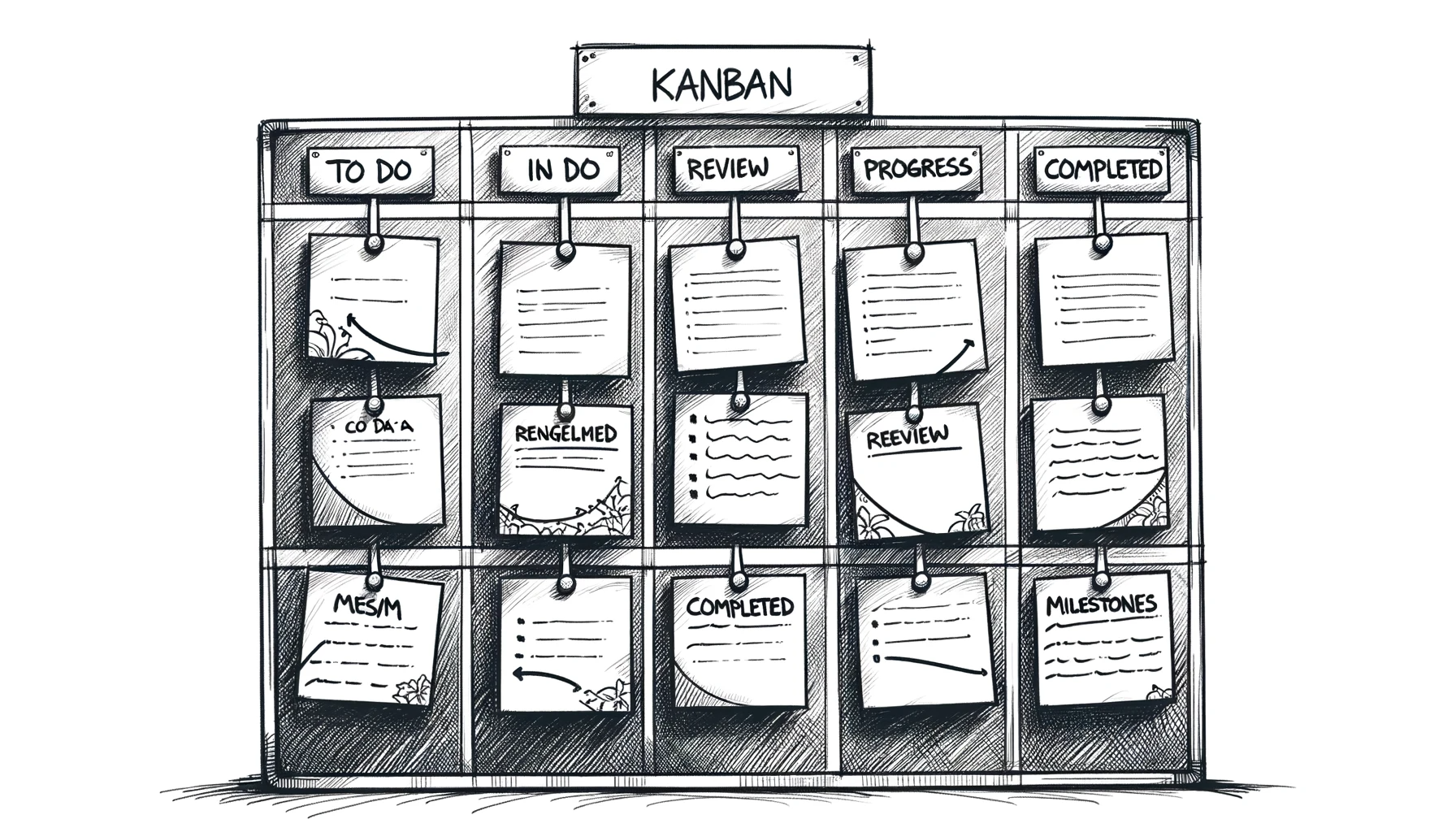 DALL·E 2023-11-01 18.20.25 - Sketch or scribble style illustration of a Kanban board in a 16_9 format. Columns should be labeled as_ To Do, In Progress, Review, Completed,